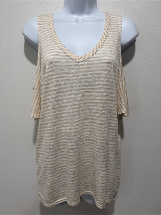 Wasabi + Mint Tops - Beige Striped Cold-Shoulder V-Neck Top